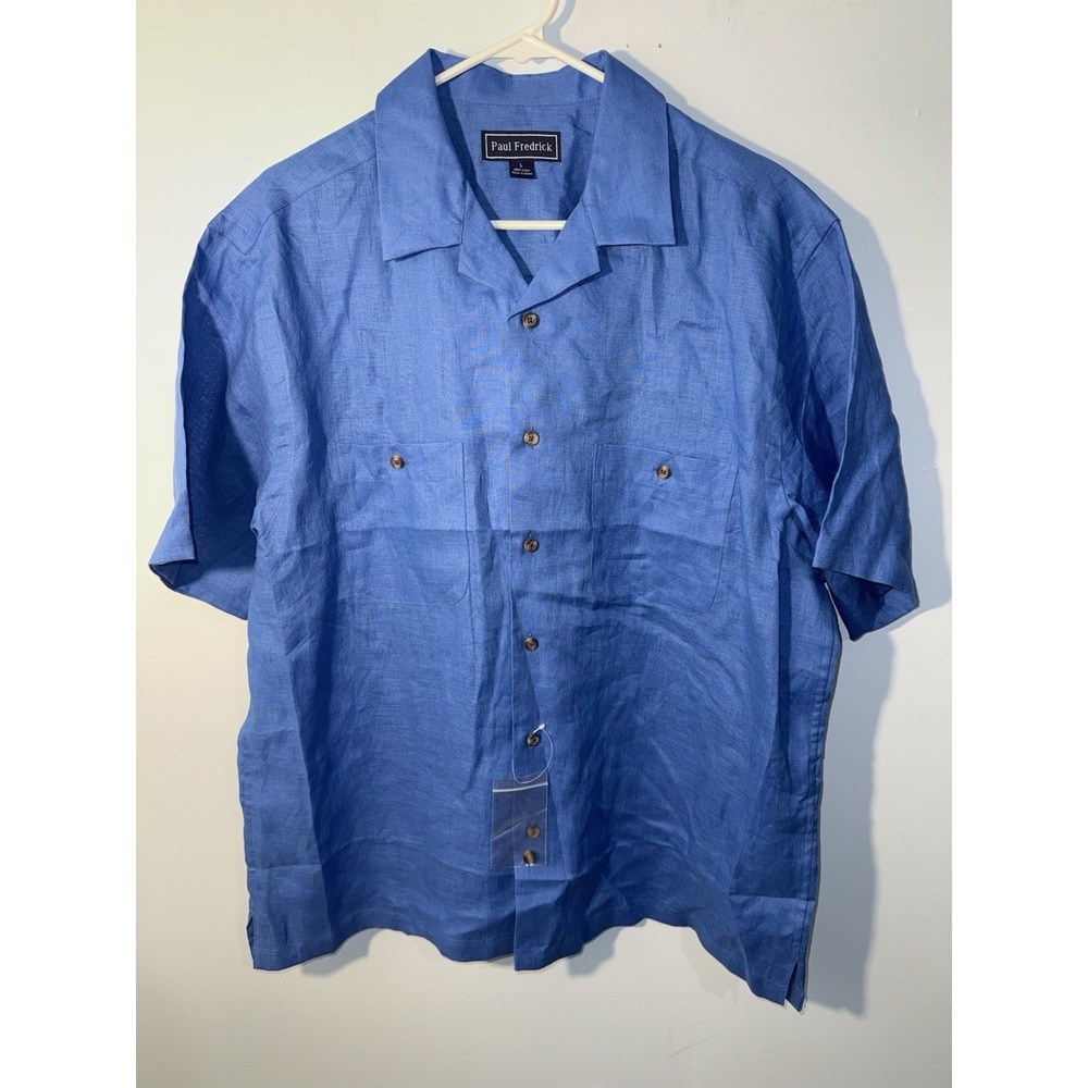 PAUL FREDRICK Men's Dress Shirt 100% Linen Short Sleeve Blue Size Large